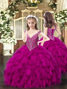 Lovely Fuchsia V-neck Neckline Beading and Ruffles Girls Pageant Dresses Sleeveless Lace Up