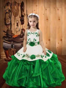  Green Straps Neckline Embroidery and Ruffles Little Girl Pageant Gowns Sleeveless Lace Up