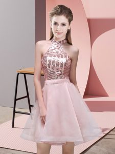  Sleeveless Mini Length Sequins Backless Dama Dress with Pink 
