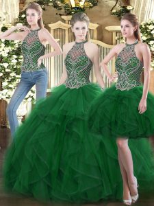 High-neck Sleeveless Lace Up Quinceanera Dresses Dark Green Organza