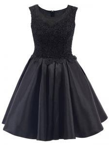 On Sale Black A-line Scoop Sleeveless Satin Mini Length Zipper Lace Vestidos de Damas