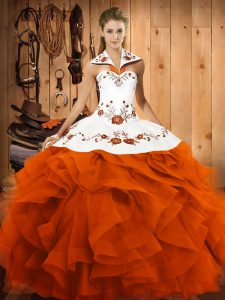 Custom Fit Orange Red Sleeveless Embroidery and Ruffles Floor Length Quinceanera Dress