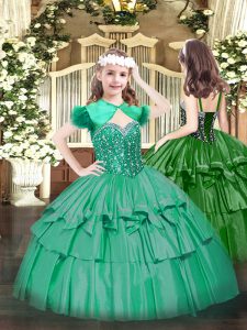 Best Turquoise Organza Lace Up Straps Sleeveless Floor Length Little Girls Pageant Gowns Beading and Ruffled Layers