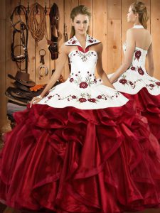 Custom Designed Wine Red Satin and Organza Lace Up Quinceanera Gowns Sleeveless Floor Length Embroidery and Ruffles