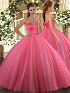  Floor Length Coral Red Quinceanera Gowns Tulle Sleeveless Beading