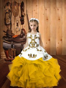  Sleeveless Organza Floor Length Lace Up Child Pageant Dress in Gold with Embroidery and Ruffles