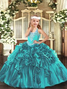 On Sale Teal Ball Gowns Beading and Ruffles Kids Pageant Dress Lace Up Organza Sleeveless Floor Length
