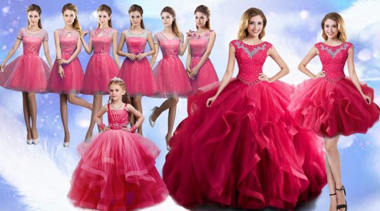  Scoop Sleeveless Quinceanera Dress Floor Length Beading Hot Pink Organza