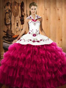 Fuchsia Lace Up Quinceanera Dress Embroidery and Ruffled Layers Sleeveless Floor Length
