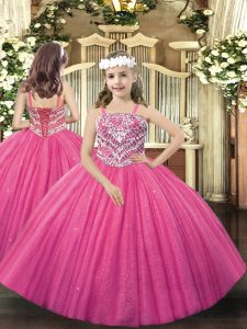  Hot Pink Ball Gowns Tulle Straps Sleeveless Beading Floor Length Lace Up Little Girls Pageant Gowns