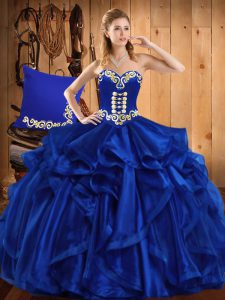 Gorgeous Royal Blue Ball Gowns Organza Sweetheart Sleeveless Embroidery and Ruffles Floor Length Lace Up Sweet 16 Dress