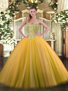  Ball Gowns 15 Quinceanera Dress Gold Sweetheart Tulle Sleeveless Floor Length Lace Up