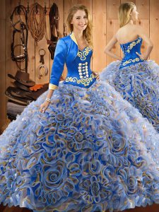  Multi-color Ball Gowns Satin and Fabric With Rolling Flowers Sweetheart Sleeveless Embroidery With Train Lace Up Quince Ball Gowns Sweep Train
