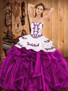 Vintage Fuchsia Lace Up Strapless Embroidery and Ruffles Ball Gown Prom Dress Satin and Organza Sleeveless