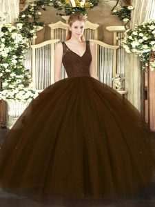 Sophisticated V-neck Sleeveless Tulle Quinceanera Dress Beading and Lace Backless