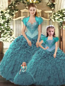  Tulle Straps Sleeveless Lace Up Beading and Ruffles Ball Gown Prom Dress in Teal 