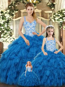  Teal Sweet 16 Dress Military Ball and Sweet 16 and Quinceanera with Beading and Ruffles Straps Sleeveless Lace Up