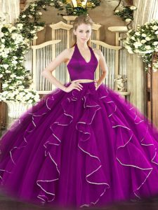 Dramatic Purple Halter Top Zipper Ruffles Quinceanera Dresses Sleeveless