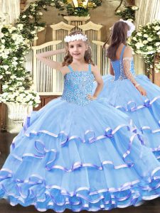 Eye-catching Sleeveless Floor Length Beading and Ruffled Layers Lace Up Kids Pageant Dress with Aqua Blue