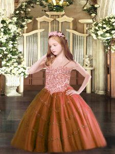 Sweet Rust Red Ball Gowns Appliques Little Girl Pageant Dress Lace Up Tulle Sleeveless Floor Length