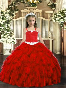  Floor Length Lace Up Little Girl Pageant Gowns Wine Red for Party and Quinceanera with Appliques and Ruffles