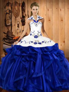 Floor Length Lace Up Vestidos de Quinceanera Royal Blue for Military Ball and Sweet 16 and Quinceanera with Embroidery and Ruffles