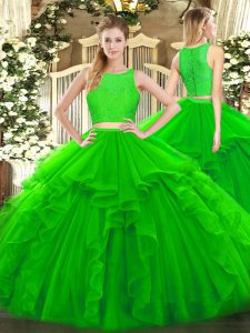 Ideal Green Tulle Zipper Sweet 16 Dresses Sleeveless Floor Length Ruffles