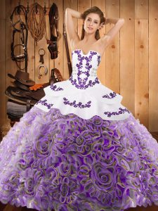  Strapless Sleeveless Quinceanera Gown With Train Sweep Train Embroidery Multi-color Satin and Fabric With Rolling Flowers