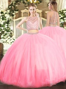 Shining Scoop Sleeveless Zipper 15th Birthday Dress Baby Pink Tulle