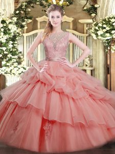 Comfortable Scoop Sleeveless Tulle Quinceanera Dresses Beading and Ruffled Layers Backless