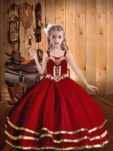  Red Sleeveless Floor Length Beading and Embroidery and Ruffled Layers Lace Up Child Pageant Dress