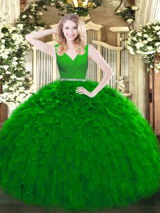 Beauteous Green Ball Gowns V-neck Sleeveless Tulle Floor Length Zipper Beading and Ruffles Quince Ball Gowns