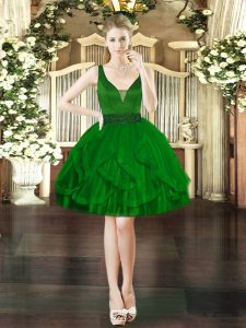  Dark Green Tulle Lace Up V-neck Sleeveless Mini Length Prom Gown Beading and Ruffles