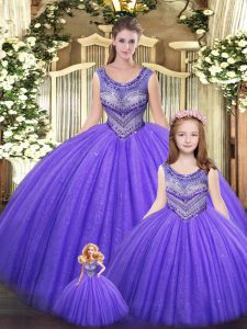  Eggplant Purple Sleeveless Tulle Lace Up Sweet 16 Dress for Military Ball and Sweet 16 and Quinceanera
