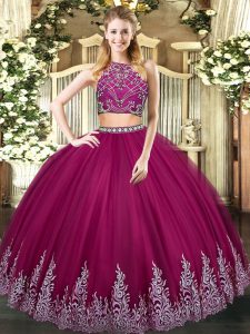 Charming Fuchsia Quinceanera Dress Military Ball and Sweet 16 and Quinceanera with Beading and Appliques High-neck Sleeveless Zipper