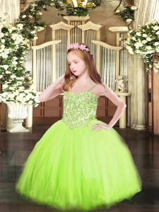 High End Tulle Spaghetti Straps Sleeveless Lace Up Appliques Little Girls Pageant Gowns in Yellow Green