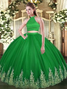  Halter Top Sleeveless Backless Quinceanera Gown Green Tulle