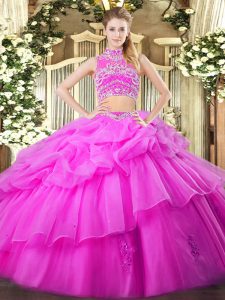 Fancy Lilac Ball Gowns Tulle High-neck Sleeveless Beading and Ruffles and Pick Ups Floor Length Backless Quinceanera Dresses