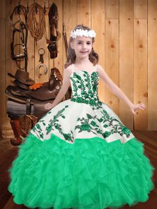 Stylish Turquoise Ball Gowns Organza Straps Sleeveless Embroidery and Ruffles Floor Length Lace Up Kids Formal Wear