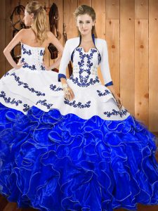 Flare Blue And White Sleeveless Embroidery and Ruffles Floor Length Quinceanera Gowns