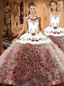 Discount Sleeveless Fabric With Rolling Flowers Sweep Train Lace Up 15th Birthday Dress in Multi-color with Embroidery