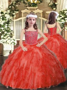  Floor Length Coral Red Kids Formal Wear Straps Sleeveless Lace Up
