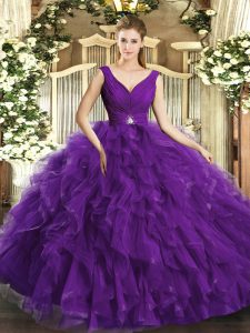 Cheap Tulle V-neck Sleeveless Backless Beading and Ruffles 15th Birthday Dress in Purple