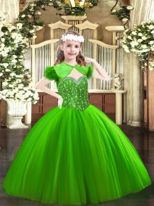 Customized Tulle Sleeveless Floor Length Little Girl Pageant Dress and Beading