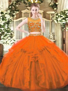 Hot Selling Two Pieces Sweet 16 Quinceanera Dress Rust Red Scoop Tulle Sleeveless Floor Length Zipper
