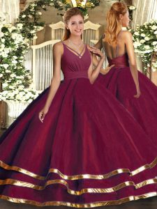 Enchanting A-line 15th Birthday Dress Burgundy V-neck Organza Sleeveless Floor Length Backless