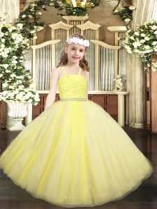 Luxurious Straps Sleeveless Kids Pageant Dress Floor Length Beading and Lace Yellow Tulle