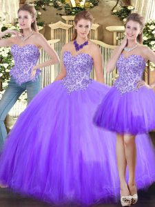 Edgy Sleeveless Floor Length Beading Lace Up Sweet 16 Dress with Lavender