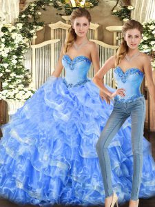  Baby Blue and Light Blue Sleeveless Organza Lace Up Quinceanera Dress for Military Ball and Sweet 16 and Quinceanera