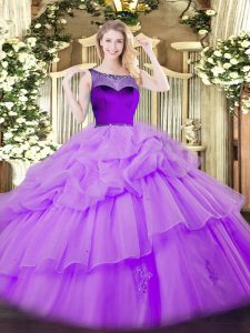 Flare Lavender Ball Gowns Organza Scoop Sleeveless Beading and Pick Ups Floor Length Zipper Sweet 16 Dress